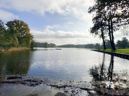 Naturbad Oberglinde ist ein ruhiger Badesee mit Uferbäumen, spiegelndem Wasser und weitem Himmel.