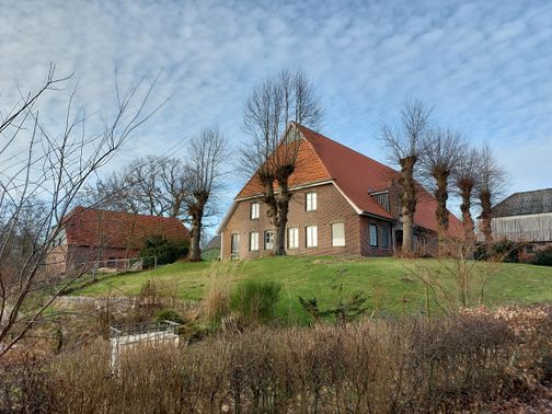 Ein Backsteinhaus mit rotem Dach steht auf einem Hügel. Es ist von Bäumen und Sträuchern umgeben. Der Himmel ist bewölkt.