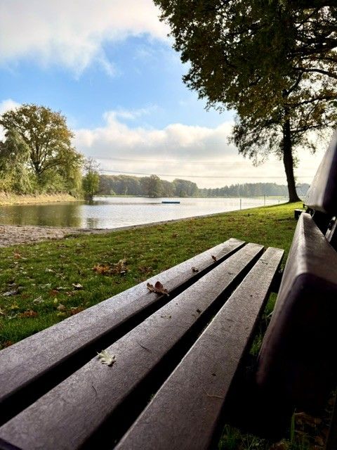 Bank am Ufer des Naturbads Oberglinde mit Blick auf den See, Bäume und Himmel.