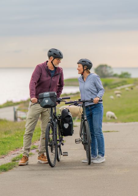 Ein Paar mit Helmen genießt eine Fahrradtour entlang eines Flusses. Im Hintergrund sind Schafe auf einer Wiese zu sehen.