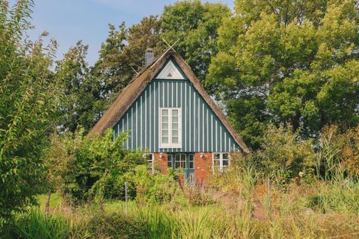 Hübsches Reetdachhaus umgeben von Sträuchern und Bäumen