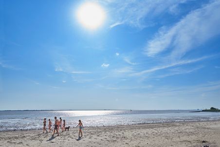 Eine Gruppe von Menschen spaziert bei strahlendem Sonnenschein am Strand von Kollmar an der Elbe entlang.