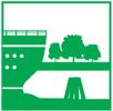 Grünes Symbol zeigt ein Schiff auf einem Kanal mit Bäumen im Hintergrund. Es vermittelt den Eindruck einer Wasserstraße oder Kanalfahrt.