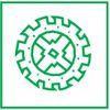 Ein grünes, geometrisches Zahnrad-Design auf weißem Hintergrund, das an ein technisches oder industrielles Symbol erinnert.