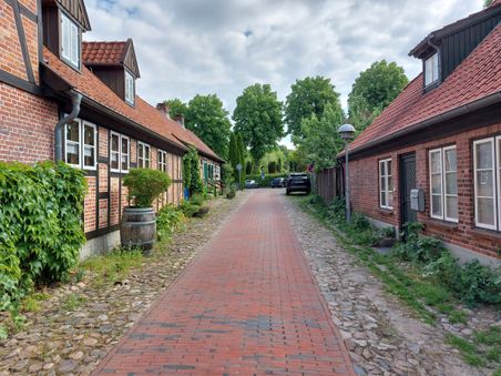Ruhige Straße mit roten Ziegelhäusern und Kopfsteinpflaster, gesäumt von Bäumen und Pflanzen, in einer idyllischen Wohngegend.