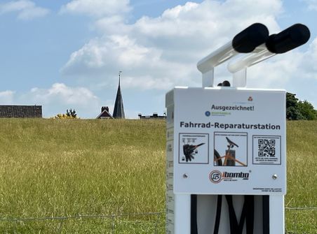 Fahrrad-Reparaturstation auf einer Wiese; im Hintergrund ragen Kirchturm und Häuser unter wolkigem Himmel auf.