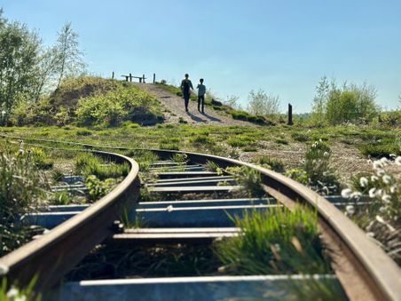 Zwei Personen spazieren auf einem Pfad im Himmelmoor. Alte Bahngleise führen durch die grüne, sonnige Landschaft.