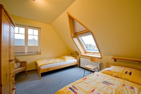 Helles Schlafzimmer mit zwei Einzelbetten, Dachfenster, Holzkleiderschrank und Stuhl. Gelbe Bettwäsche mit buntem Muster.