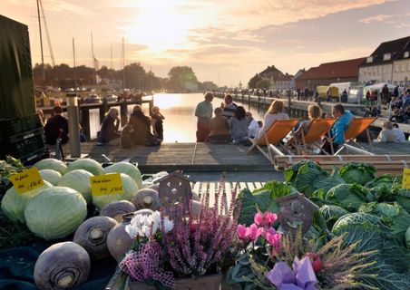 Sonnenuntergang am Hafen von Glückstadt mit Menschen auf Liegestühlen und frischem Gemüse im Vordergrund.