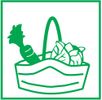 Grünes Symbol eines Einkaufskorbs mit einer Karotte und einem Kohlkopf. Der Korb hat einen Griff und ist stilisiert dargestellt.